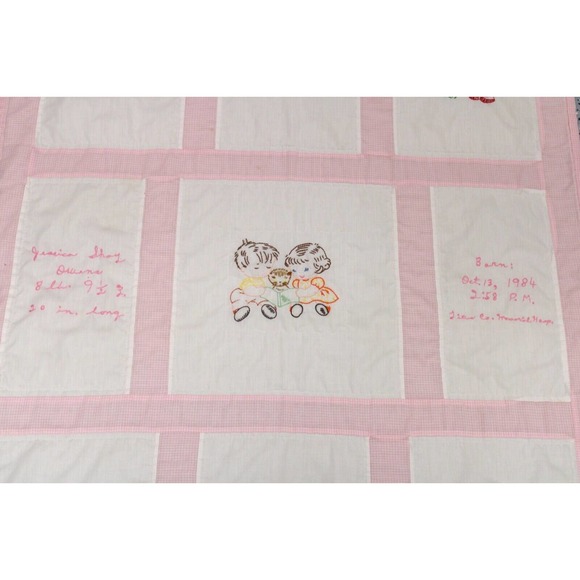 Vintage Hand Embroidered Baby Crib Quilt Pink Children Playing 1980s - Picture 9 of 12